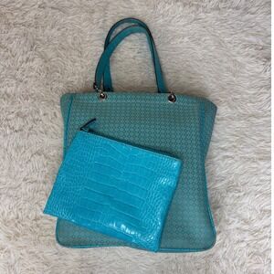 Vintage Teal Blue Tote Bag with Crocodile Embossed Pouch Purse‎ Satchel Travel